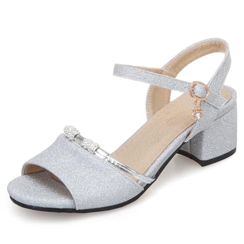 OALEEN Sandales Nu-pieds Femme Eté Petit Talon Carré Bride Cheville Paillettes Chaussures Ouverte Soirée Mariage Argentée 38