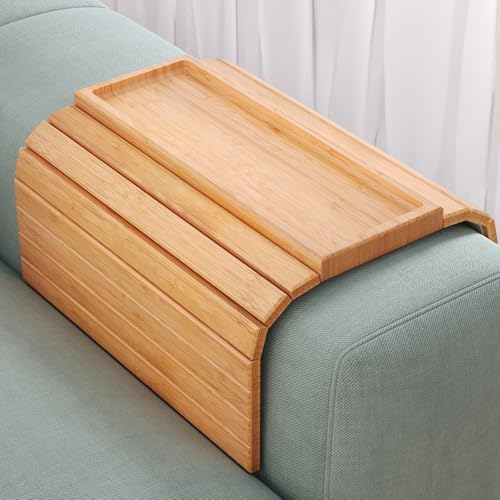 Danfoxer Sofa Arm Tray,Bamboo Folding Couch Arm Tray,Sofa Armrest Trays with Anti-Slip Pad for Drinks,Snacks,Phone,Remote Control(Natural)