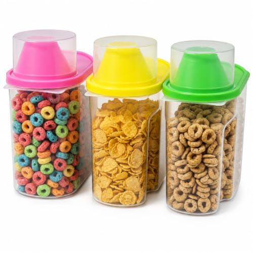 Basicwise 1.9 Liters Set of 3 Small Airtight Food Storage Containers with Pouring Spout and Measuring Cup Lid for Flour Sugar Cereal Rice Pantry Staples & Baking Ingredients in Green Pink and Yellow