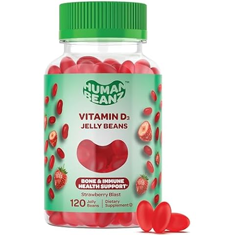 Human Beanz Vitamin D3 Jelly Bean Gummies for Adults, Immunity Support, 2000 IU Vitamin D, Nutritional Vegetarian Supplements, 120 Strawberry Blast Jelly Beans, Kosher Cover