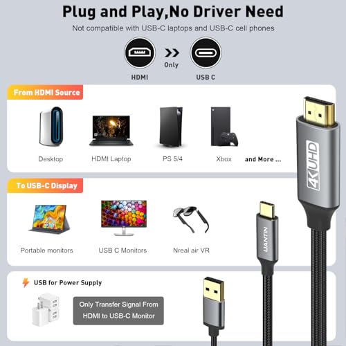 UANTIN Active HDMI to USB-C Cable Adapter 4K@60Hz Uni-Directional 6FT HDMI (Source) to Thunderbolt (Display) with USB Power Cord for XR/AR Glasses,Laptop,PS5,Portable Monitor - Thumbnail 6