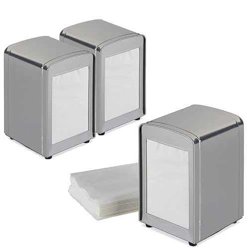Paluplus 3 Portatovaglioli da Bar a Molla SILVER, misura 10x9x13 cm, Dispenser in Acciaio Inox per Tovaglioli 17x17cm, Distributore da tavolo di Fazzoletti Salviette Piccole per Gelateria, Bar -0057