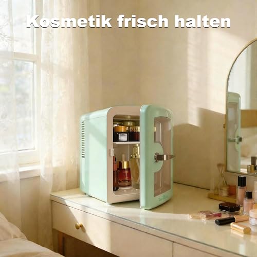 Iceblue Mini-Kühlschränke, winziger Kühlschränke mit Blickfenster, 4L / 6 Dosen Hautpflege Kühlschränke für Schönheit & Getränke, Kleiner Kühler für Zuhause, Auto, Geschenke - Grün