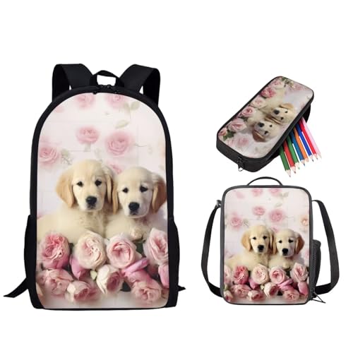 Golden Retriever Printed Backpack Set with Lunch Box and Pencil Pouch, Rose Printed 3 Pcs Schoolbag for Boys Girls Teens with Adjustable Strap, 17 Inch Knapsack for Travel Camping