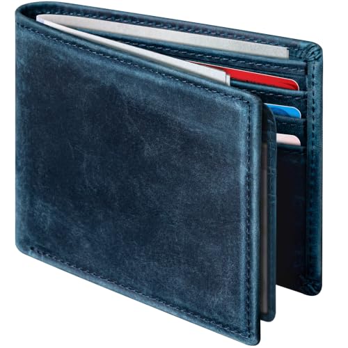 GSOIAX Premium Crazy Horse Leather Wallet for Men-Handcrafted Vintage Bifold Wallet with 11 Card Slots,2 ID Windows & 2 Cash Pockets,RFID Blocking,wallet Gift ideas for Him (Navy)