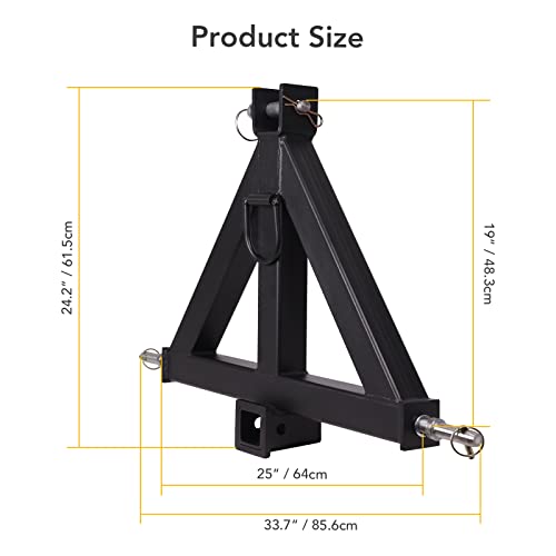 3 Point 2\" Receiver Trailer Hitch - Category 1 Tractor Drawbar Hitch Adapter for Kubota, John Deere, BX, LM25H, WLM Tractor, NorTrac, Yanmar, Kioti, Cat