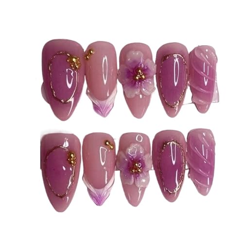 3D Floral Butterfly French Pointy Medium Almond Press On Nails,