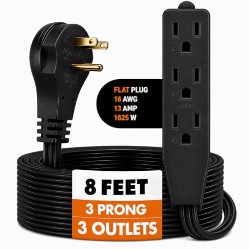 Bindmaster Flat Plug Extension Cord 8 FT Black 3 Outlet 3 Prong Grounded Indoor Extension Cord Low Profile Wall Hugger Angled Plug 16/3 Heavy Duty Power Cord 13A 125V for Home Office TV Desk Dorm