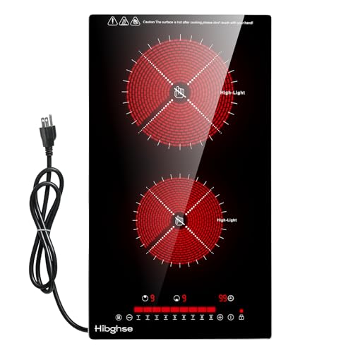 Hibghse 2 Burner Electric Cooktop 110-120V, 12 Inch Plug in Ceramic Cooktop Countertop & Built-in Electric Stove Top with Child Safety Lock, Timer, 9 Power Levels, 2000W