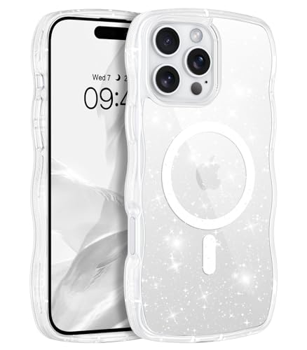 GUAGUA Cover per iPhone 16 Pro Max con Controllo Fotocamera Pulsante Cattura, Compatibile con MagSafe, Bordi Curvi Ondulati Trasparente Bling Brilla Custodia Magnetica Antiurta， Bianco