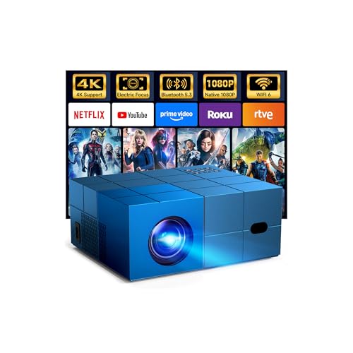 Projector with WiFi6 and Bluetooth5.3 - [Electric Focus]Outdoor Movie Projector and Screen,YOWHICK Portable Smart Home Projector 1080P 4K Supported fo