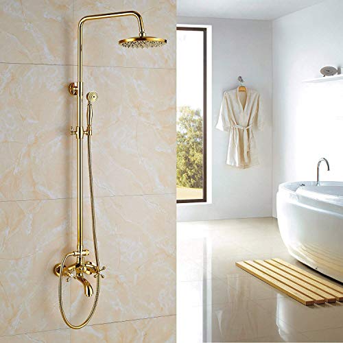 Colonne de douche dorée avec mitigeur de baignoire et tête de douche 8 pouces