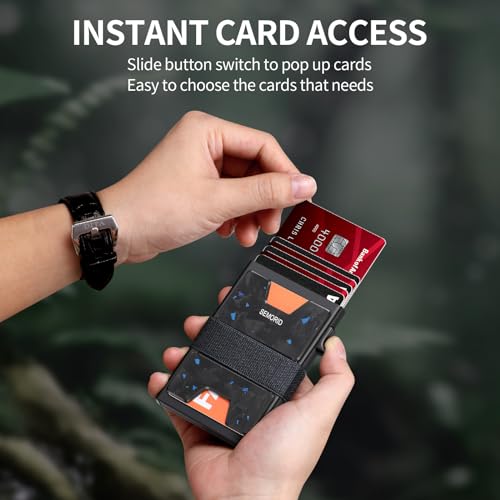 Image of SEMORID Minimalist Wallet for Men, Slim RFID Blocking Mens Wallet, Aluminum Pop Up Card Case, Thin Metal Credit Card Holder with Cash Strap -12 Cards Storage
