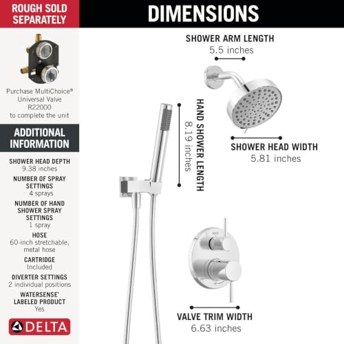 Image of Delta Modern Round Shower System Faucet Set, Chrome 6-inch Shower Head and Handle Set, Valve Trim Kit, Chrome T342704 (Valve Not Included)