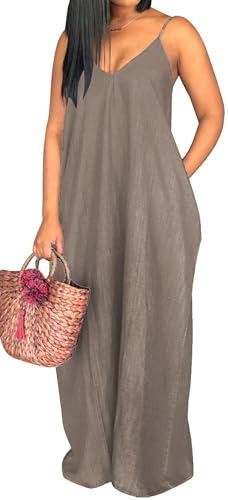Image of SeNight Women's Maxi Denim Dress Spaghetti Strap with Pockets | Maxi Denim Dress Spaghetti Strap Loose Fit Summer Beach Long Dress with Pockets
