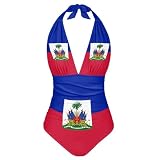 Biyejit Haiti Flag One Piece Swimsuit for Women V Neck Push Up Halter Strap Sexy Bathing Suit Plunging Swimwear High Waist Tummy Control Backless Swimsuits