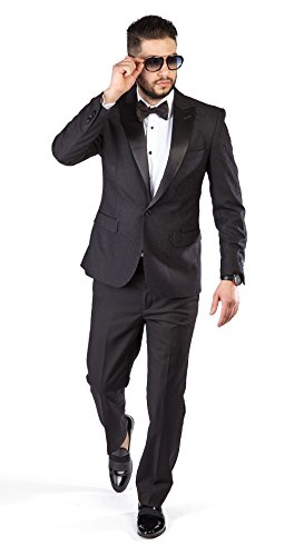 Slim Fit 1 Button Paisley Peak Satin Lapel Men's Tuxedo Azar 1778 (38 Regular 32 Waist 32 Length, Black Paisely) #TOP2
