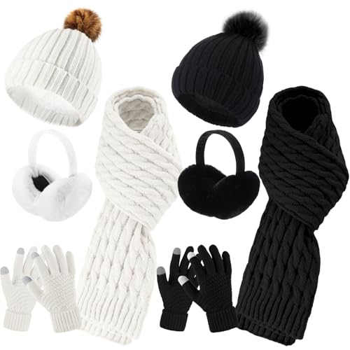 Suhine 8 Pcs Winter Hat Scarf Gloves Earmuff Set Knit Beanie Pompom Hat Warm Touch Screen Gloves for Women Men Adult