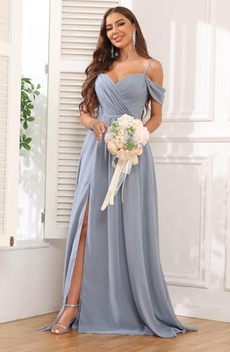 Image of Sukleet Women's Off Shoulder Bridesmaid Dresses Long Slit Chiffon Pleated Evening Formal Dress with Pockets
