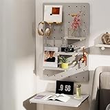 PTSZNGS Wall Mounted Wood Pegboard & Foldable Table Set, Pegboard Wall Organizer with Phone Slot & Cup Holder, Wall Mounted Work Table with Pegboard for Bedroom(Light Gray,Small)