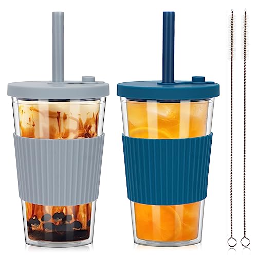 ZgoEC 500ml Tazas Bubble Tea Cup con Tapa y Pajita, Reutilizable Boba Taza de Plástico Taza de 2 Piezas, Taza de té de Burbujas Beber Taza de Doble pared Aislada, Tumbler Cup para Boba Café Helado