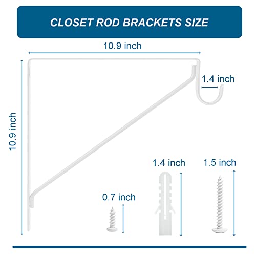 2 Pack White Closet Rod Brackets Heavy Duty 10.9"X12.3"X1" Closet Support Brackets For Rod, 300Lb Weight Capacity Closet Shelf & Rod Brackets, Closet Pole And Shelves Support #TOP1