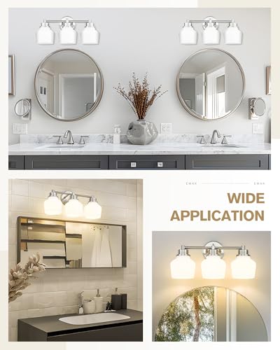 Image of Emak Brushed Nickel Vanity Lights, Modern Milk Glass Bathroom Light Fixtures, 3-Light Bathroom Vanity Light Over Mirror, VL122-BN-ML-3