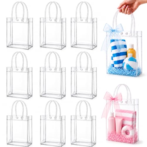 MAQIHAN 10 PCS Clear Goodie Bags with Handles - Plastic Party Favor Bag Reusable Transparent PVC Totes for Christmas Easter Valentine Wedding and Birthday(Medium Size 6.7 x 9 Inch)