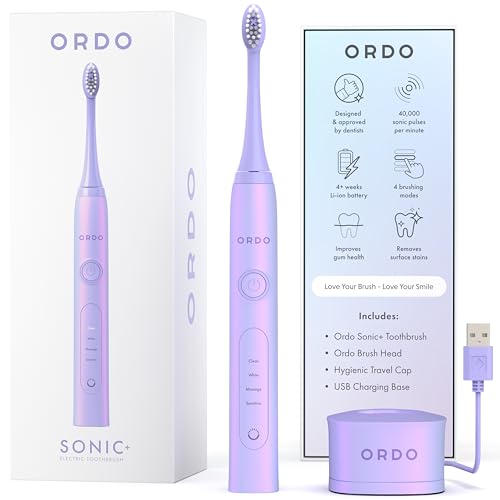 ORDO Sonic+ Electric Toothbrush for Adults, Advanced Tech, 4 Brushing Modes, Fast Rechargeable, Sonic Toothbrushes Over 4 Weeks Battery Life, Silicone Polishing Element, USB Charger, Pearl Violet