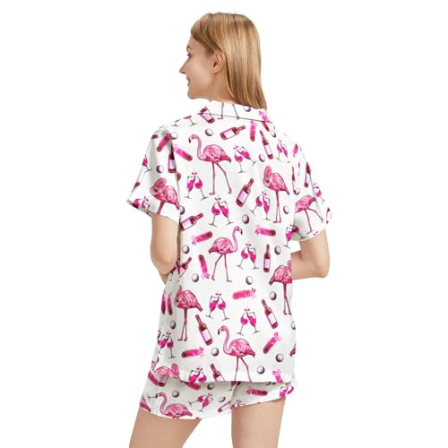 Image of Silk Satin Pajama Set for Women Summer Lounge Pjs Sets 2 Piece Suit Ladies Button Down Tops And Shorts Sleepwear