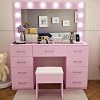 VINGLI Makeup Vanity Desk with Mirror and Lights, Dressing Table with 9 Drawers & Padded Stool, Makeup Table with Glass Top & 12 LED Light Bulbs & Power Outlet for Dressing Room Bed Room, Pink