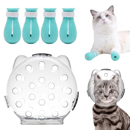 TusaMer Cat Bubble Muzzle with 4 Boots 5 Inch Breathable Transparent Cat Muzzle with Lock Anti-Lick & Anti-Bite Head Cover for Grooming, Nail Trimming PET_Supplies..