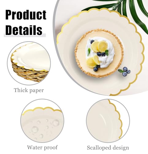 Image of HEIPINIUYE 50 Pieces Ivory Paper Plates with Gold Foil 7 Inch Disposable Ivory Scalloped Dinner Plates for Wedding Baby Shower Birthday Party Dessert Plate