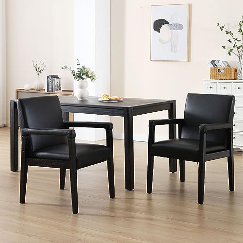 Mid Century Modern Dining Chairs with Arms, Solid Wood Farmhouse Upholstered Dining Chairs Set of 2, Linen Fabric Kitchen & Dining Room Accent Armchair for Dining/Living Room, Ivory