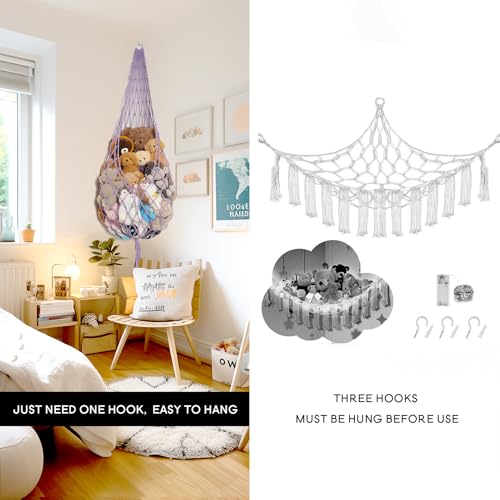 Image of Amdermi Upgrade Stuffed Animal Hammock Corner or Wall Hanging Net for Stuffy Animal Storage Macrame Toy Display Over Door Toy Holder Kid Bedroom Decor Playroom Organizer (Purple)