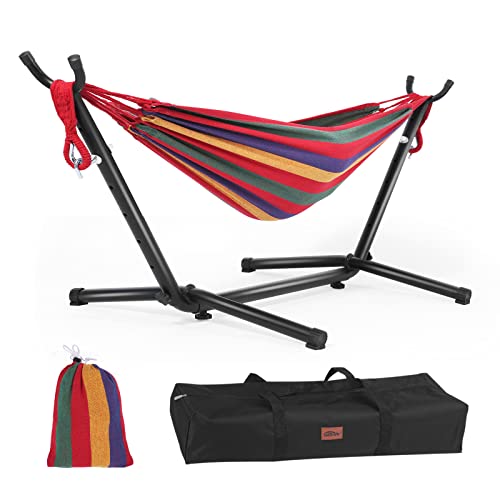 Goutime Childrens Hammock with Stand 220 lb Capacity with Portable Carrying Bag Kids Hammocks for Indoor Outdoor Patio Deck Yard Beach (Red Stripe Child Size)