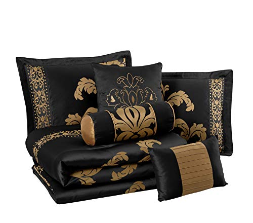 Chezmoi Collection 7-Piece Jacquard Floral Comforter Set/Bed-In-A-Bag Set, King, Black Gold #TOP2