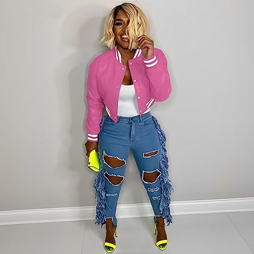 Image of Mintsnow Womens Varsity Jacket Long Sleeve Button Down Bomber Jackets Casual Baseball Uniform Streetwear