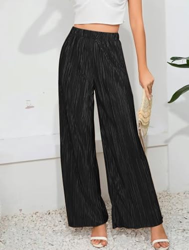 Womens High Waisted Pants Solid Textured Elastic Waist Wide Leg Palazzo Pants Casual Comfy Trousers3