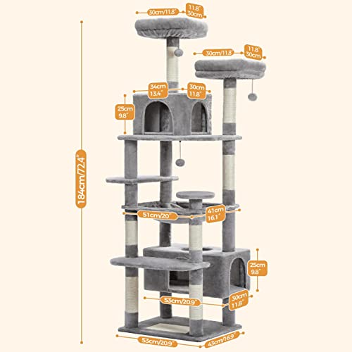 PAWZ Road Large 72 Inch Cat Tree and Tower for Indoor Cats - With Sisal-Covered Scratching Posts, Padded Perches, Condos, and Basket - Gray