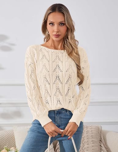 Image of Libsorge Womens Cute Sexy Off The Shoulder Crochet Knit Sweater Fall Winter 2025 Trendy Lightweight Boat Neck Pullover Top