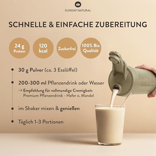 SUNDAY NATURAL® Bio Protein Pulver – 1000g – Veganes Eiweißpulver – 80% Eiweiss – 12K Proteinpulver Blend – Vollständiges EAA & BCAA Profil – Ohne Zucker & Süßstoffe – Vegan, Laborgeprüft - Natural