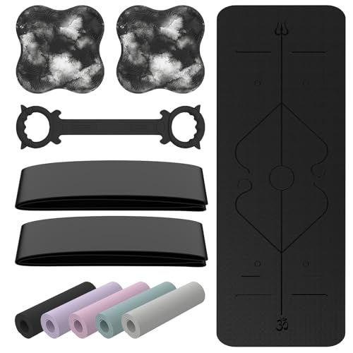 Yogamatte,Sportmatte,Gymnastikmatte Rutschfest und Dick,Trainingsmatte mit Punkten zur Körperausrichtung,Fitness Matte für Turnen Pilates HIIT Yoga，Schwarz,183x68 cm