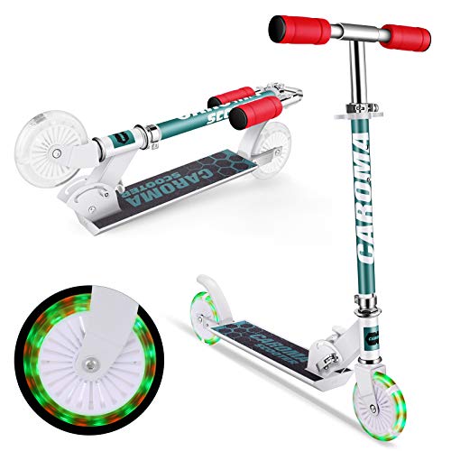 Caroma Kick Scooter for Kids Ages 3-12, Light Up Wheels Scooter for Boys and Girls,Folding Scooter with Adjustable Handlebar (White)
