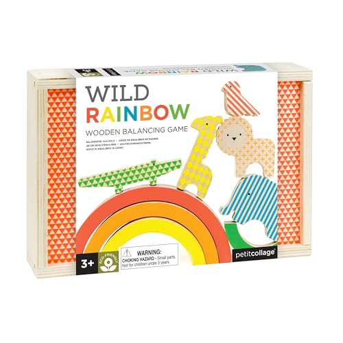 Petit Collage Eco-Friendly Wild Rainbow Wooden Balancing Game – Exciting and Colorful Family Game with Sturdy Storage Box Included – Easy to Play – Kids Stacking Toy for 2-4 Players, Ages 3+