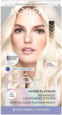 L'Oreal Paris Feria Hyper Platinum Advanced Lightening System Hair Bleach, Lifts Up To 8 Levels, Includes Anti Brass Purple Conditioner, 1 Hair Dye Kit