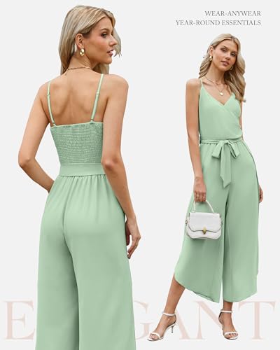 ECOWISH Women Long Pants Jumpsuit: Spaghetti Strap Casual Loose Wide Leg Romper Summer V Neck Flowy Solid Overalls with Belt 500 Light Green XL — view 3