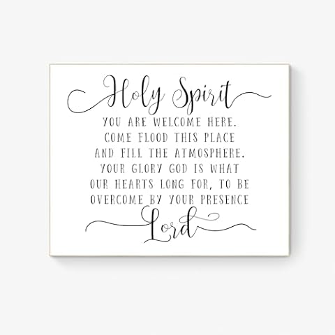 Holy Spirit You Are Welcome Here Christian Quote Sign Faith Religious Scripture Decor Wall Artwork Art Print (8x10), Black, White, Yellow Cover