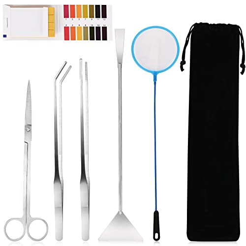 HOTOOLME Aquarium Aquascape Tools Kit, 6 in 1 Long Stainless Steel Aquatic Plant Sliver Tweezers Scissors Scrapers Set for Fish Tank Aquariums Tank Clean, Aquascaping Tools with PH Paper Fish Net Bag