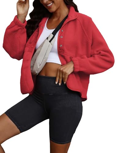 ReachMe Womens Sherpa Jacket Casual Lapel Button Down Cropped Fuzzy Fleece Jackets Long Sleeve Winter Coats with Pockets - Image 6